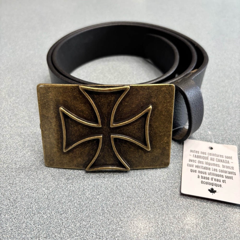 Izette NWT Black Leather Belt with Rectangular Iron Cross Buckle, Small